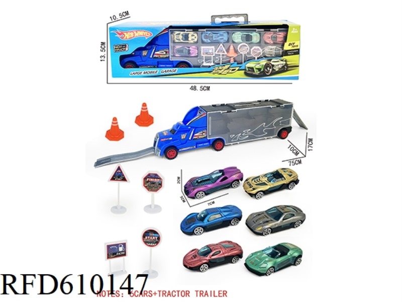 GIFT BOX CONTAINER SLIDING TRACTOR WITH 6 SLIDING AB CARS +6 ROAD SIGNS +2 SKATEBOARDS