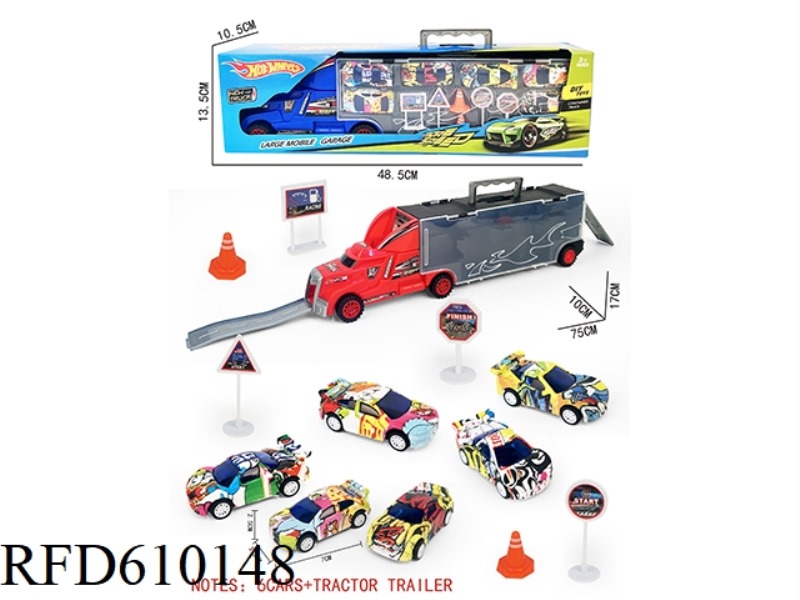PORTABLE GIFT BOX CONTAINER SLIDING TRACTOR WITH 6 BOAI AB GRAFFITI CARS +6 ROAD SIGNS +2 SKATEBOARD