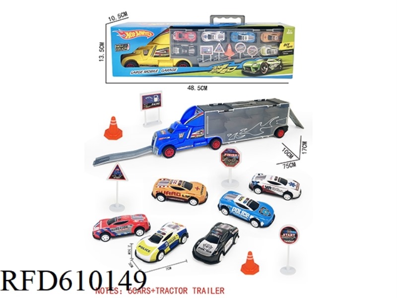 GIFT BOX CONTAINER SLIDING TRACTOR WITH 6 BOILBACK POLICE CARS +6 ROAD SIGNS +2 SKATEBOARDS