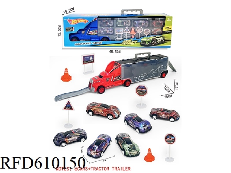 GIFT BOX CONTAINER SLIDING TRACTOR WITH 6 JAI AI IRON AVENGERS +6 ROAD SIGNS +2 SKATEBOARDS
