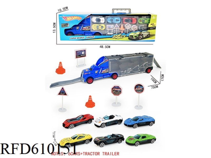 PORTABLE GIFT BOX CONTAINER SLIDING TRACTOR WITH 6 SLIDING ALLOY SPORTS CARS +6 ROAD SIGNS +2 SKATEB