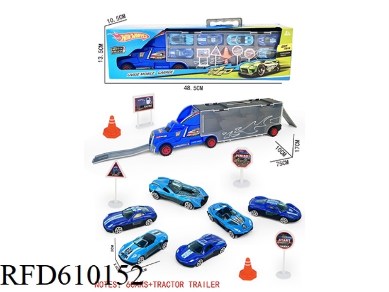 PORTABLE GIFT BOX CONTAINER SLIDING TRACTOR WITH 6 SLIDING ALLOY POLICE CARS +6 ROAD SIGNS +2 SKATEB