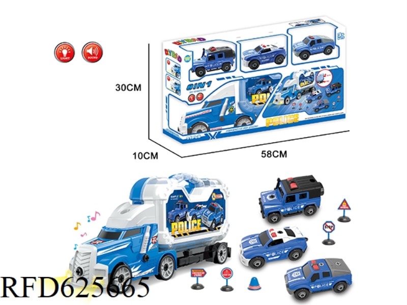 TOW TRUCK + POLICE CAR (PICKUP TRUCK, SUV, SPORTS CAR)+1 SET OF BARRIER SIGNS