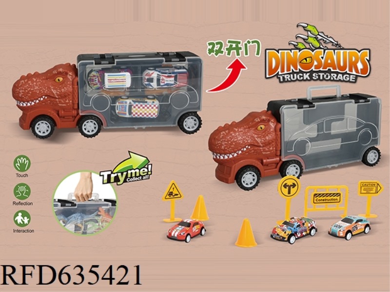 TYRANNOSAURUS REX SLIDING TRANSPORTER (3 ALLOY PULL-BACK CARS AND 6 ROAD SIGNS)