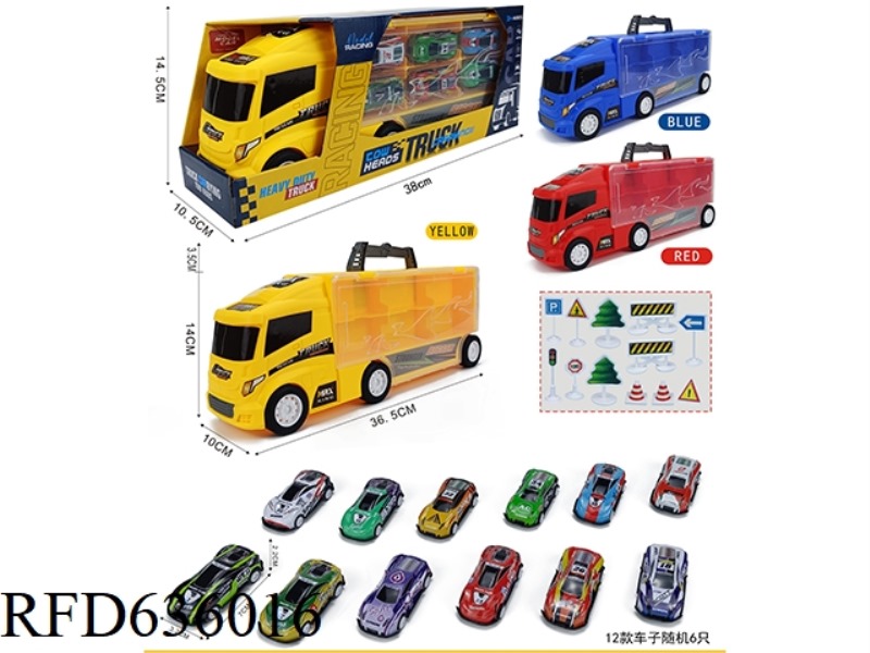 CONTAINER SLIDING TRACTORS WITH 6 JAI AI IRON SPORTS CARS +12 ROAD SIGNS