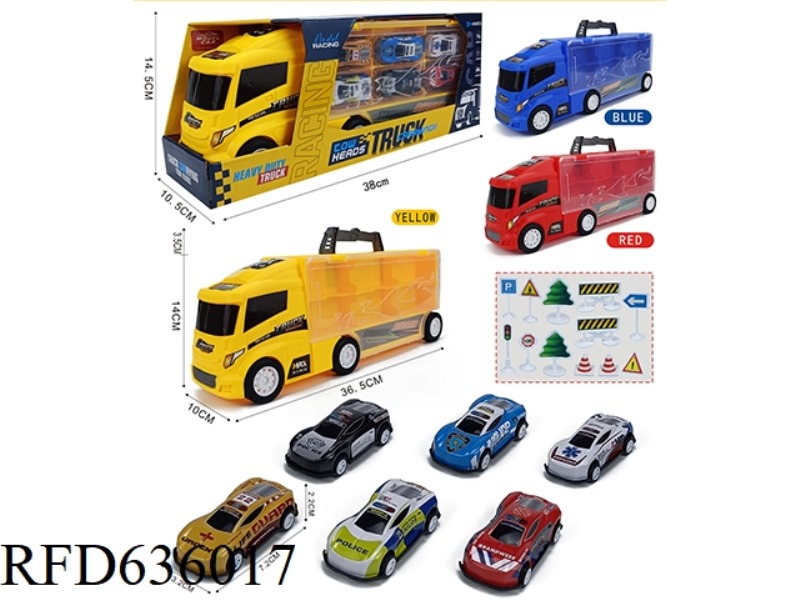 CONTAINER SLIDING TRACTOR WITH 6 PULL-BACK POLICE CARS +12 ROAD SIGNS