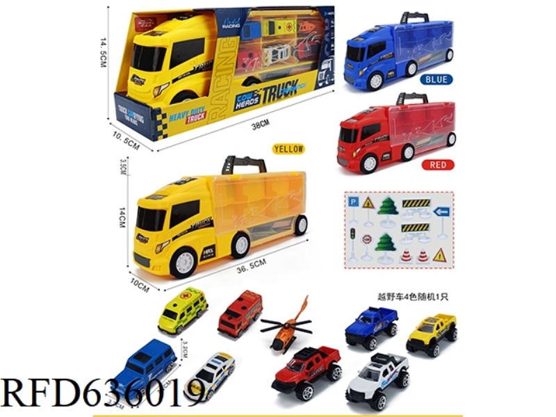 CONTAINER TAXIING TRACTOR WITH 4 TAXIING AB CARS +1 TAXIING SUVS +1 AIRCRAFT +12 ROAD SIGNS