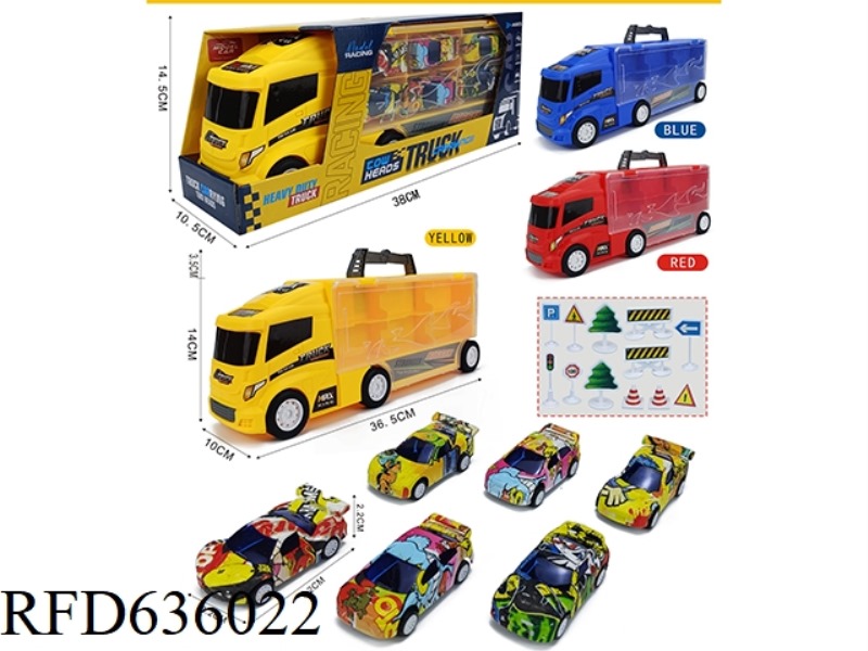 CONTAINER SLIDING TRACTOR WITH 6 BOAI AB GRAFFITI VEHICLES +12 ROAD SIGNS