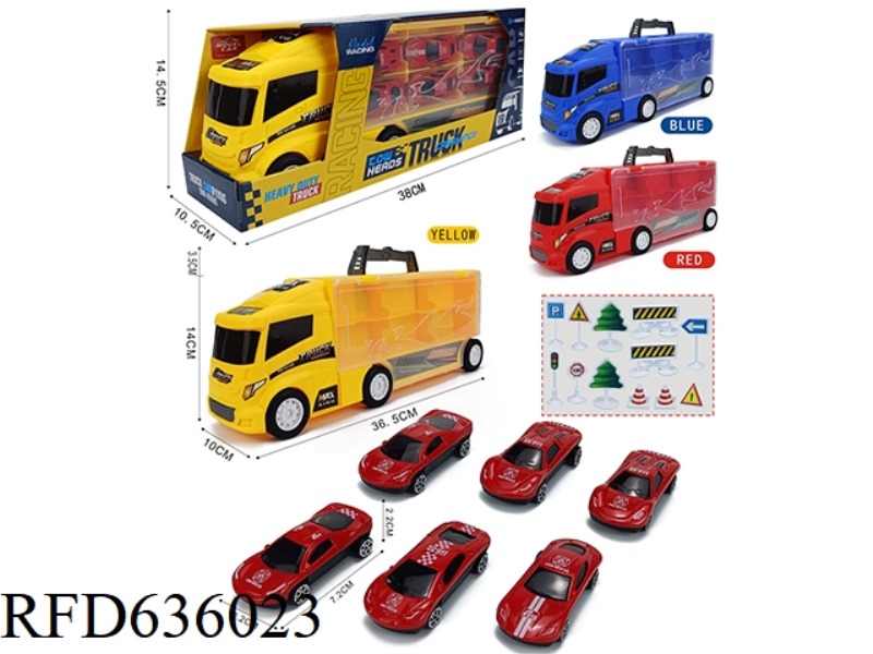 CONTAINER SLIDING TRACTOR WITH 6 SLIDING ALLOY FIRE ENGINES +12 ROAD SIGNS