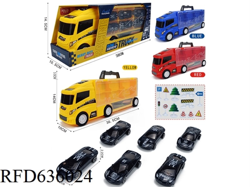 CONTAINER SLIDING TRACTOR WITH 6 SLIDING ALLOY POLICE CARS +12 ROAD SIGNS