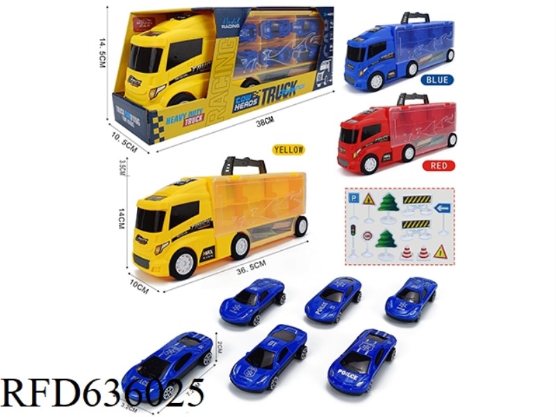 CONTAINER SLIDING TRACTOR WITH 6 SLIDING ALLOY POLICE CARS +12 ROAD SIGNS