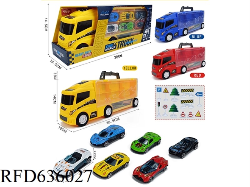 CONTAINER SLIDING TRACTOR WITH 6 SLIDING ALLOY SPORTS CARS +12 ROAD SIGNS