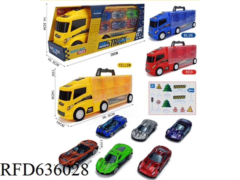 CONTAINER SLIDING TRACTOR WITH 6 SLIDING ALLOY SPORTS CARS +12 ROAD SIGNS