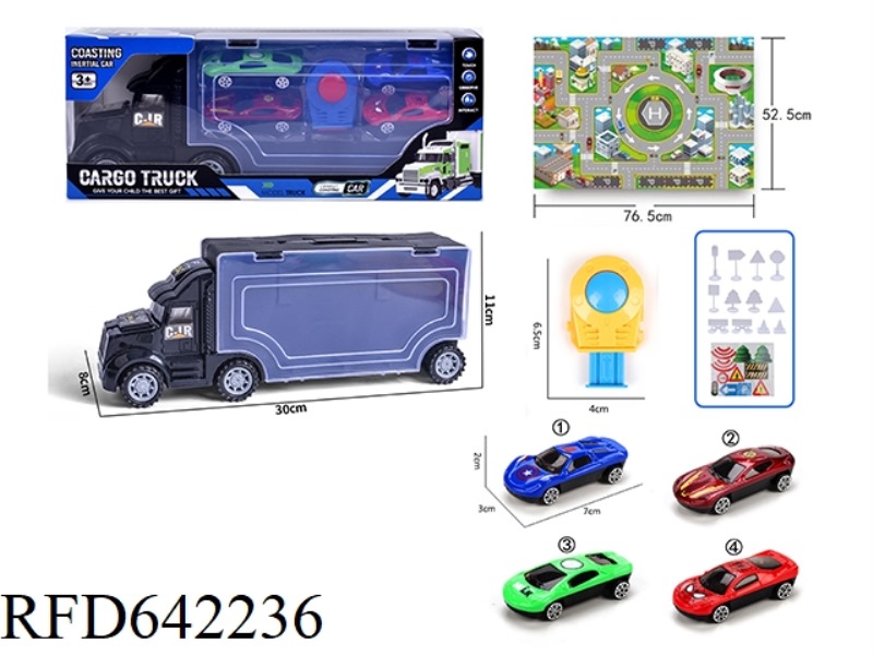 DOUBLE-SIDED SLIDING CONTAINER TRUCK LOADED WITH 4 SLIDING ALLOY CARS, BIG MAP AND ROAD SIGNS.