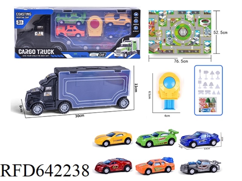 DOUBLE-SIDED SLIDING CONTAINER TRUCK LOADED WITH 6 PULL-BACK ALLOY CARS, BIG MAP AND ROAD SIGNS