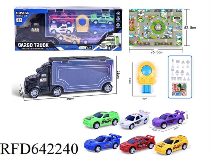 DOUBLE-SIDED SLIDING CONTAINER TRUCK LOADED WITH 6 PULL-BACK AB CARS, BIG MAP AND ROAD SIGNS.