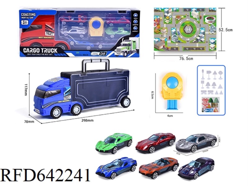 DOUBLE-SIDED SLIDING CONTAINER TRUCK LOADED WITH 6 SLIDING ALLOY CARS, BIG MAP AND ROAD SIGNS.