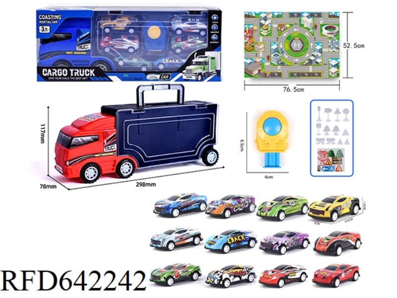 DOUBLE-SIDED SLIDING CONTAINER TRUCKS ARE LOADED WITH 6 SLIDING TIN TRUCKS, WITH LARGE MAPS AND ROAD