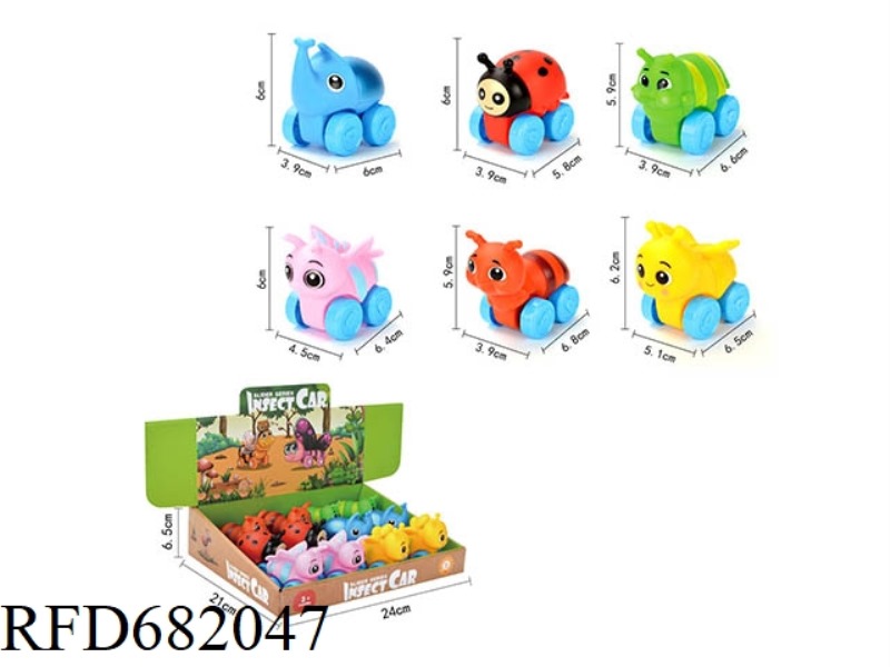 VINYL CARTOON SLIDING INSECT CAR 12PCS