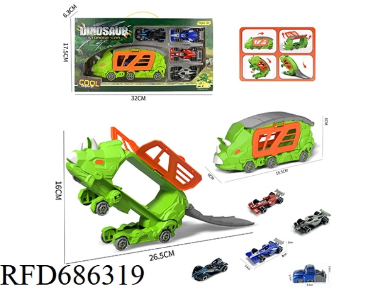 LITTLE TRICERATOPS TRANSFORMED STORAGE CAR +4 F1 CARS +1 CATAPULT