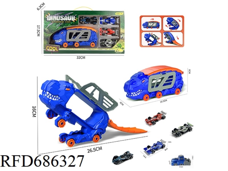 LITTLE TYRANNOSAURUS REX TRANSFORMATION STORAGE CAR +4 F1 CARS +1 CATAPULT