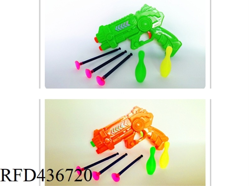 SPACE NEEDLE GUN WITH 2 BOWLING BALLS, ORANGE AND GREEN MIXED