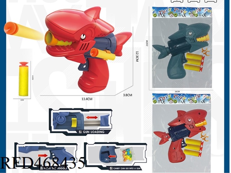 SINGLE HOLE SHARK SOFT BULLET GUN WITH 3 SOFT BULLETS (MIXED IN TWO COLORS, THE HANDLE CAN BE LOADED