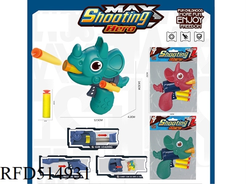 SINGLE BORE TRICERATOPS CARTOON SOFT GUN WITH 3 SOFT BULLETS