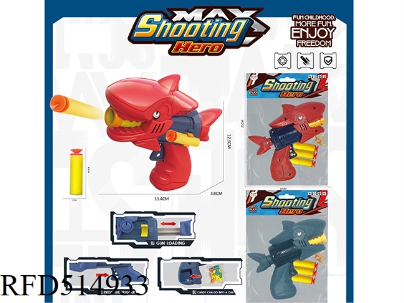 SINGLE HOLE SHARK CARTOON SOFT BULLET GUN WITH 3 SOFT BULLETS