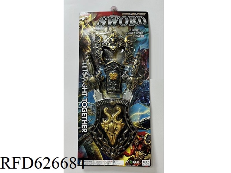 BRONZED DOUBLE SWORDS. MASKS. WRIST BRACE. SHIELD