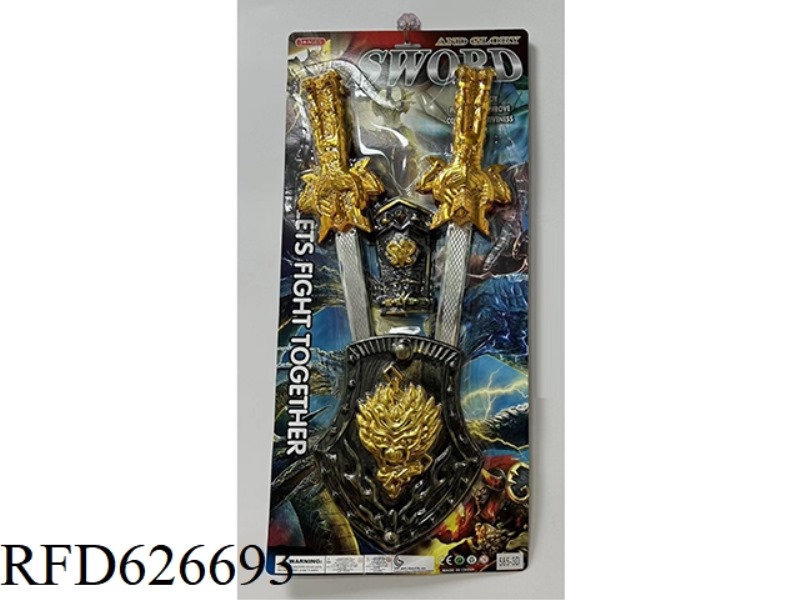 ELECTROPLATED DOUBLE SWORDS. WRIST GUARD. SHIELD