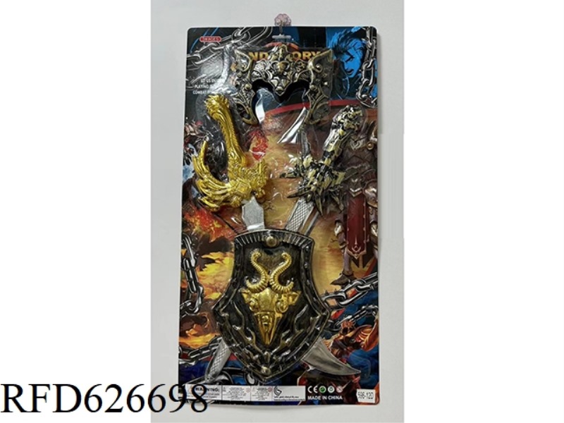 BRONZE SWORD. ELECTROPLATED DRAGON KNIFE. MASK. SHIELD.