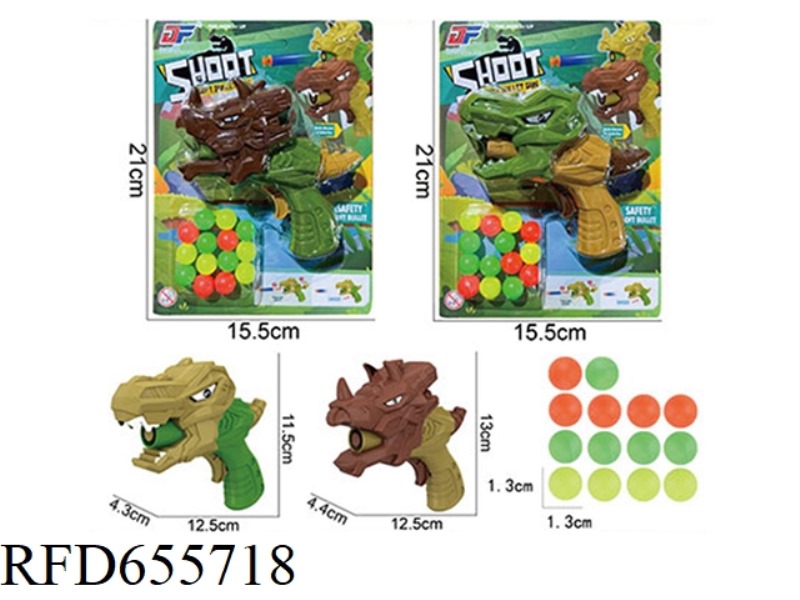 TYRANNOSAURUS REX + TRICERATOPS SOFT GUN +14 PING-PONG BALLS (GCC)