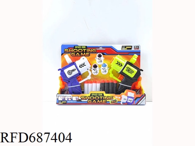 2 MANUAL MINI SOFT BULLET GUNS WITH 8 SOFT BULLETS, 3 ASTRONAUT TIPPING HEADS (MADE OF ABS MATERIAL)