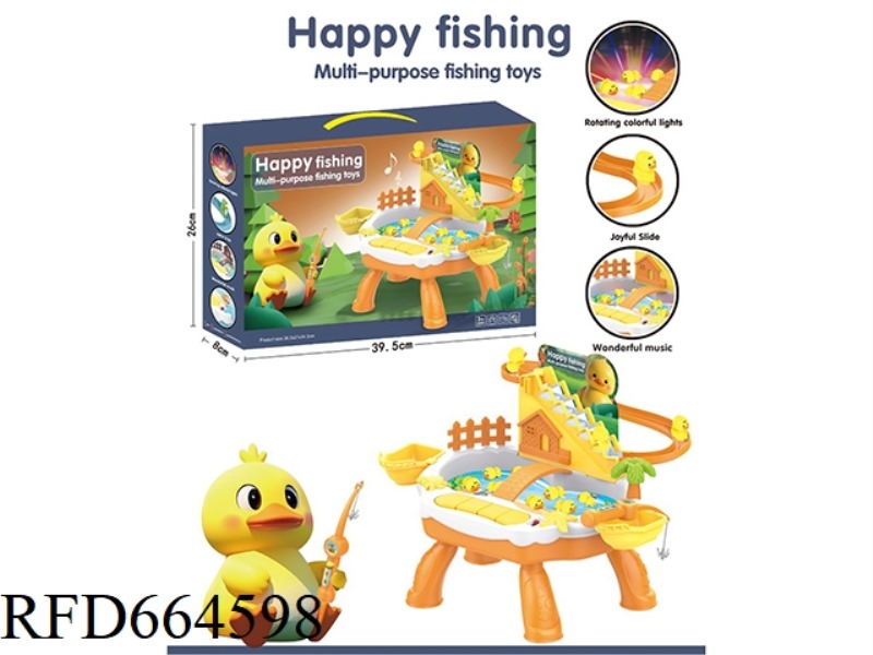 PUZZLE ELECTRIC FISHING TOY POOL SET, LITTLE CUTE DUCK CLIMBING STAIRS, TRACK LIGHTING, MUSIC, WATER