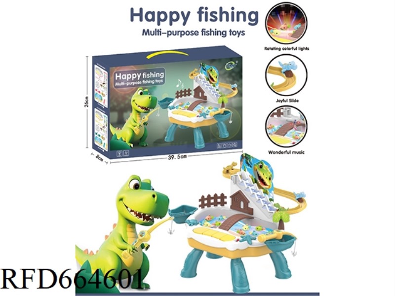 PUZZLE ELECTRIC FISHING TOY POOL SET, LITTLE DINOSAUR CLIMBING STAIRS, TRACK LIGHTS, MUSIC PLAYING I