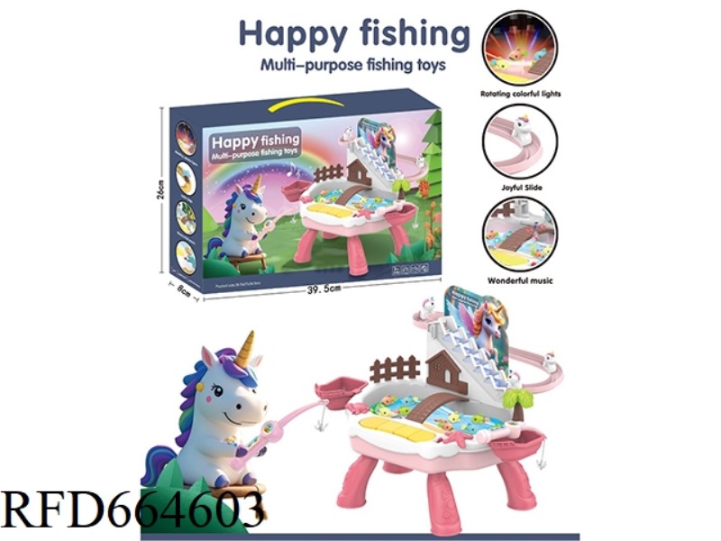 PUZZLE ELECTRIC FISHING TOY POOL SET, LITTLE HORSE CLIMBING STAIRS, TRACK LIGHTING, MUSIC PLAYING IN