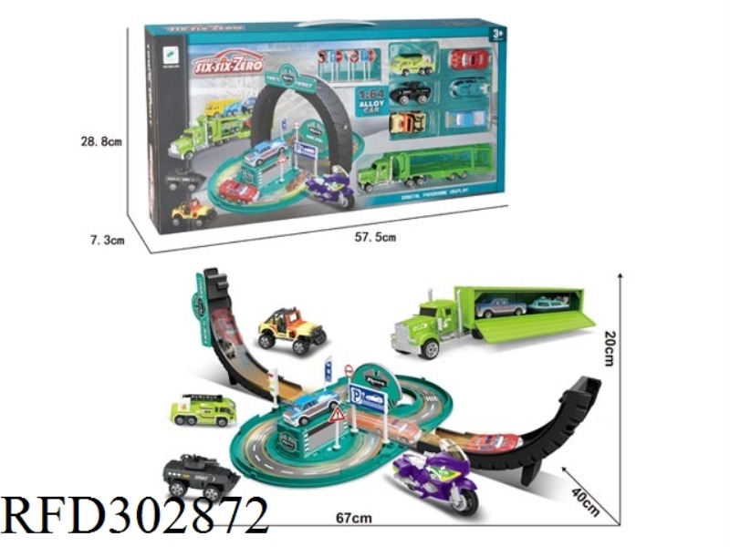 DEFORMABLE CONTAINER TYRE ALLOY RACING CAR PARK SET WITH LIGHT AND MUSIC(WITH CAR 6PCS+TRAILER 1PCS)