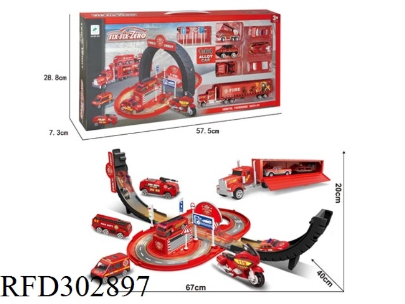 DEFORMABLE CONTAINER TYRE ALLOY FIRE CONTROL PARK SET WITH LIGHT AND MUSIC(WITH CAR 6PCS+TRAILER 1PC