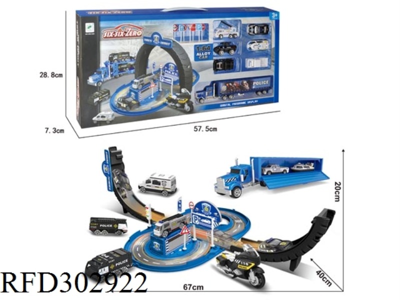 DEFORMABLE CONTAINER TYRE ALLOY POLICE PARK SET WITH LIGHT AND MUSIC(WITH CAR 6PCS+TRAILER 1PCS)