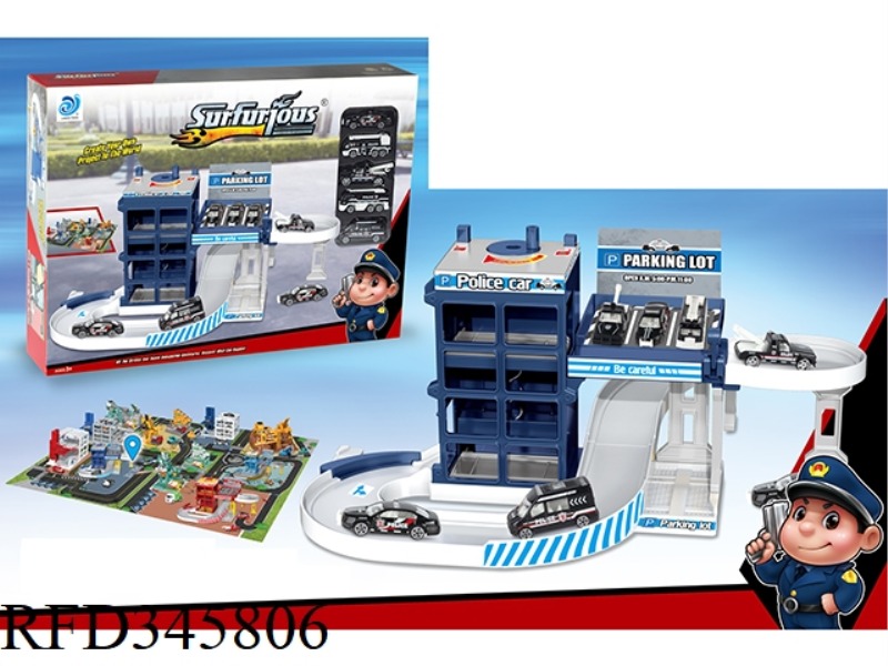 ROTATING POLICE PARKING LOT +48PCS PUZZLE WITH 5 ALLOY CARS
