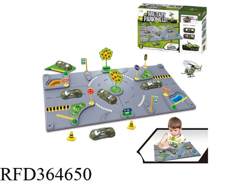MILITARY PARKING LOT WITH 1 PLASTIC AIRPLANE AND 2 CARS