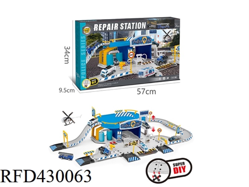 ALLOY POLICE PARKING GARAGE REPAIR SHOP SET (WITH 2 ALLOY CARS)
