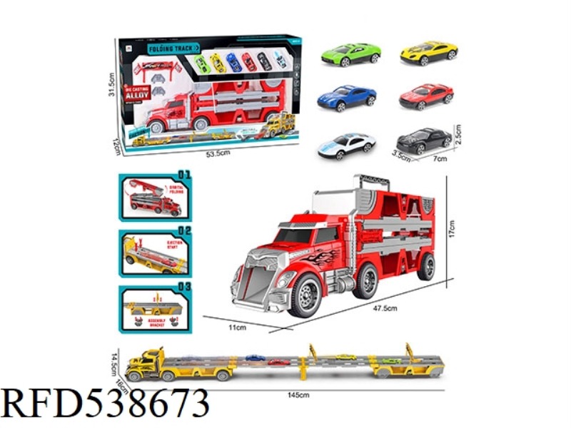 FOLDING TRACK EJECTION CONTAINER CAR 6 PIECES ALLOY TROLLEY +2 SIGNPOST