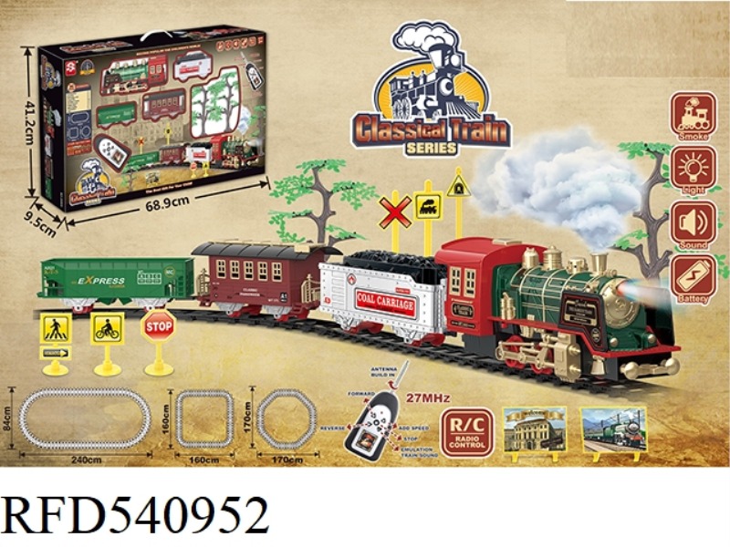 (REMOTE CONTROL TRACK) CLASSICAL STEAM LIGHT MUSIC TRAIN WITH ACCESSORIES 【 SMOKE WITH WATER 】