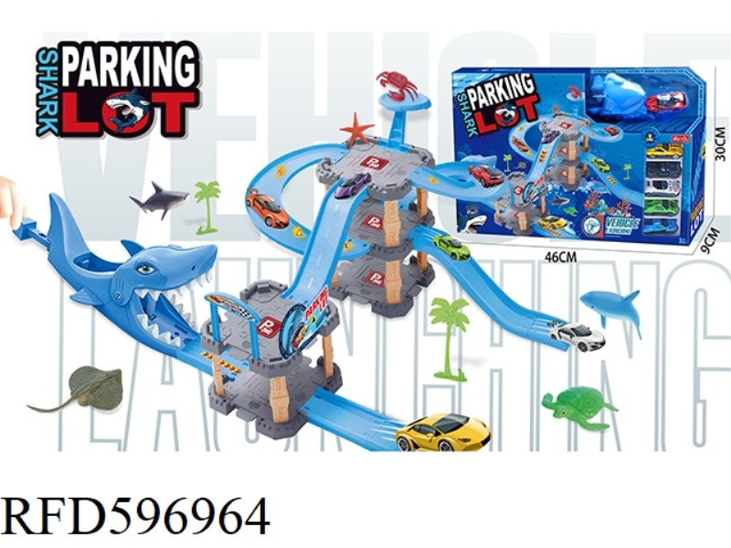 EJECTION SHARK TRACK PARKING LOT WITH 6 ALLOY CARS AND 6 MARINE ANIMALS 47PCS
