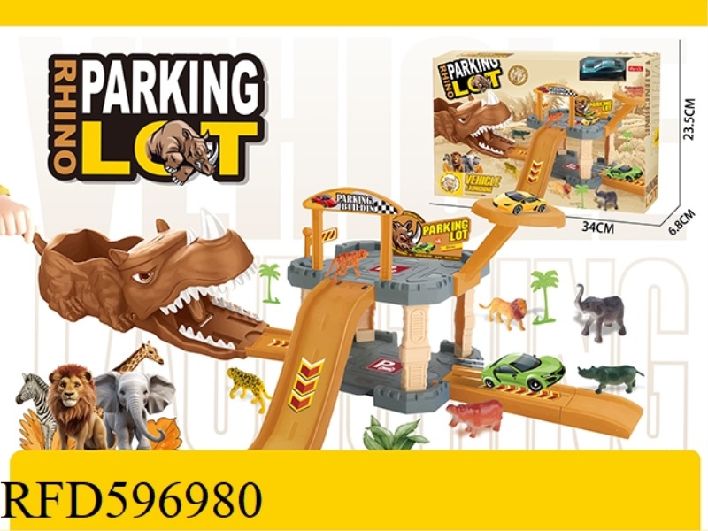 EJECTION RHINO TRACK PARKING LOT WITH ONE ALLOY CAR AND SIX ANIMALS 27PCS
