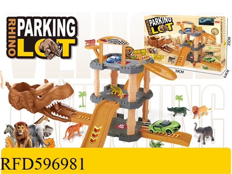 EJECTION RHINO DOUBLE-DECK TRACK PARKING LOT WITH ONE ALLOY CAR AND SIX ANIMALS 33PCS