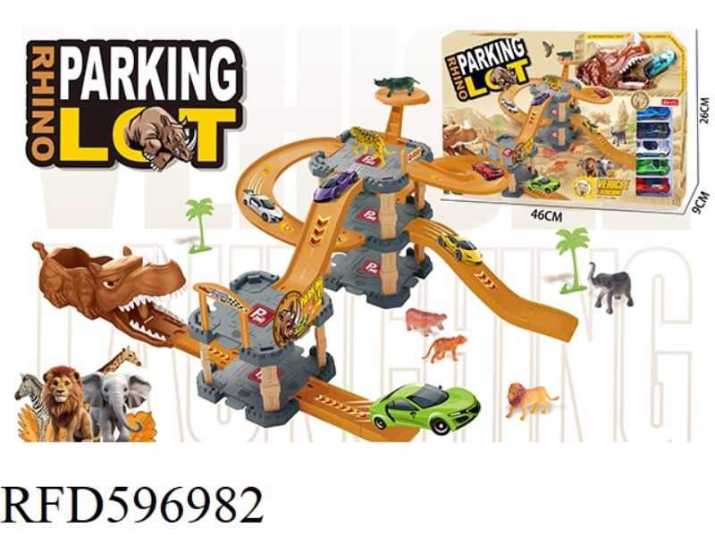 EJECTION RHINOCEROS DOUBLE-DECK TRACK PARKING LOT WITH 6 ALLOY CARS AND 6 ANIMALS 47PCS
