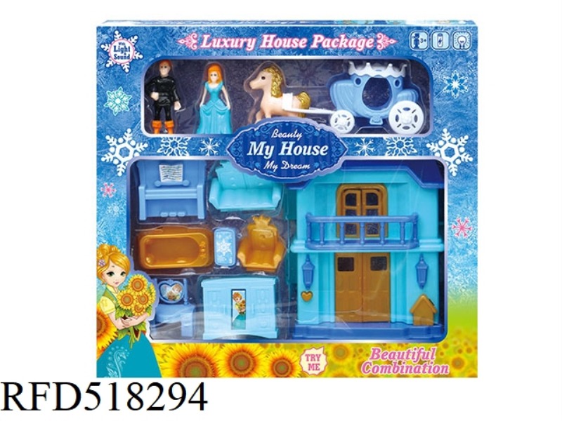 UNILATERAL BLUE SNOW VILLA WITH LIGHT/MUSIC + HORSE/FURNITURE + HORSE 2 MIXED
